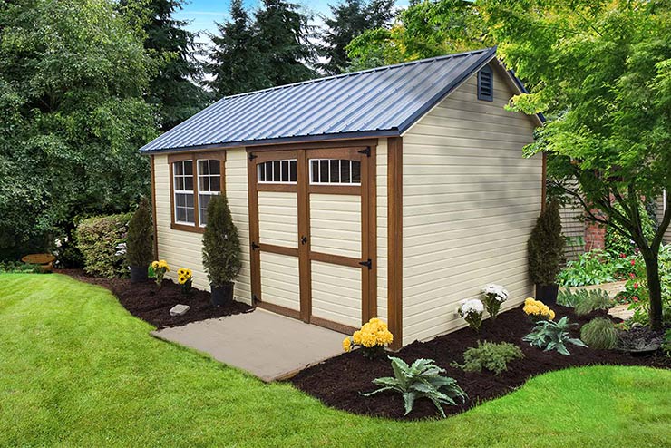 Mini Barn shed with Pequea Tan  Dutchlap siding,                                     Jamestown Red color Trim and doors,  Charcoal color Roof, and  Wooden Double Doors with transom windows